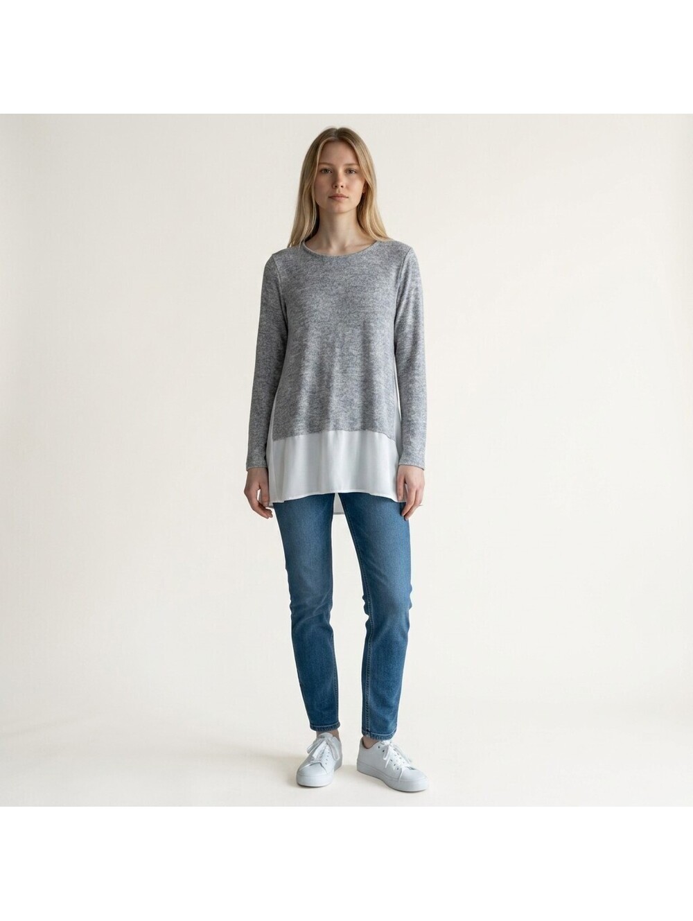 Heimish Blouse Women M Medium Gray Long Sleeve Round Neck Pullover Casual Solid